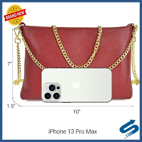 Italian Leather Clutch with Gold Chain Strap, Crossbody Evening Bag